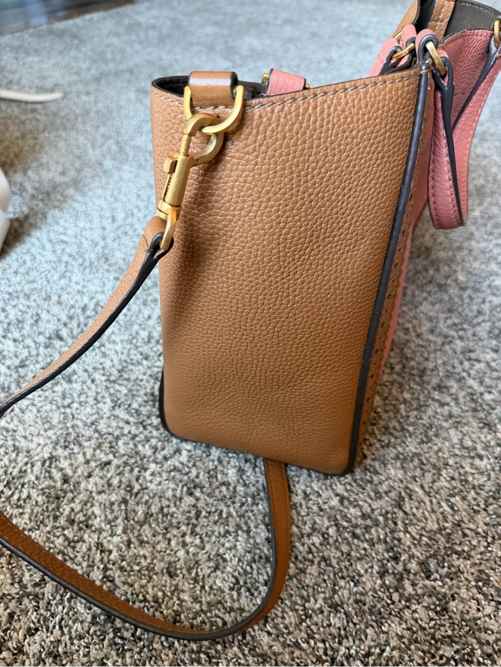 Tory Burch McGraw Colorblock Leather Tote, Pink and Tan, Crossbody Strap - Picture 5 of 7